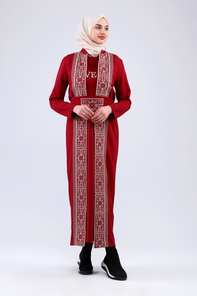 [25502-Maro-36] فستان فلسطين 3 قطع طويل قطن 25502 (36, Maroon) NRC20862