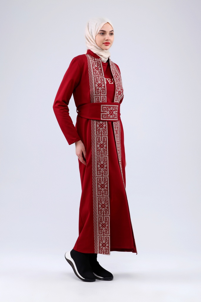 [25502-Maro-36] فستان فلسطين 3 قطع طويل قطن 25502 (36, Maroon) NRC20864
