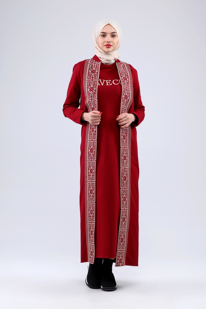 [25502-Maro-36] فستان فلسطين 3 قطع طويل قطن 25502 (36, Maroon) NRC20868
