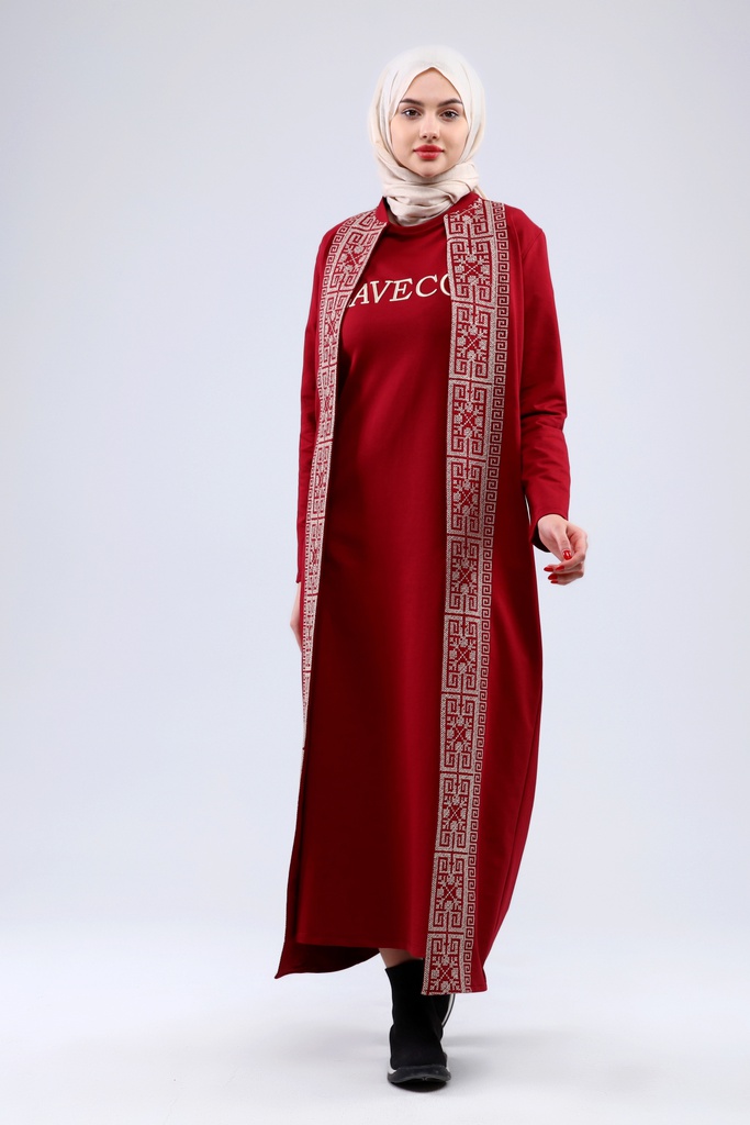 [25502-Maro-36] فستان فلسطين 3 قطع طويل قطن 25502 (36, Maroon) NRC20869